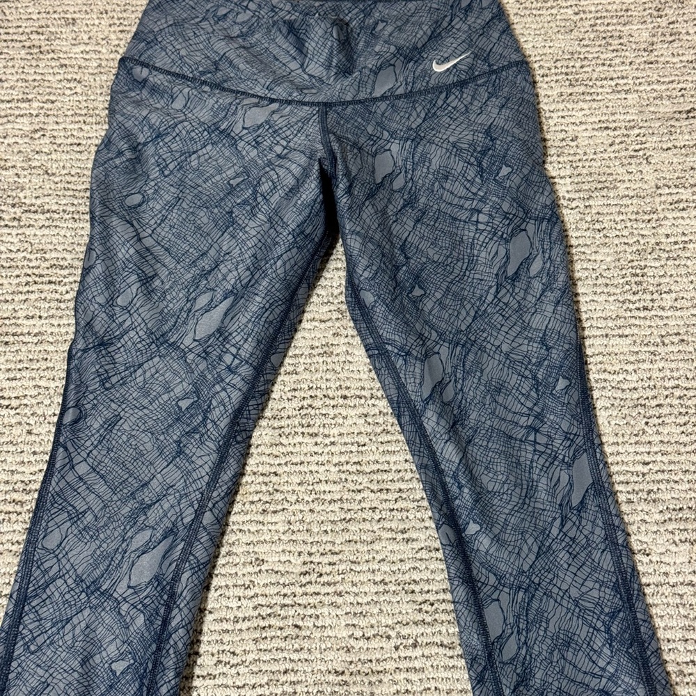 Nike Dri-FIT Women XS Blue‎ Grey Abstract Grid Print Crop Leggings 438559-432